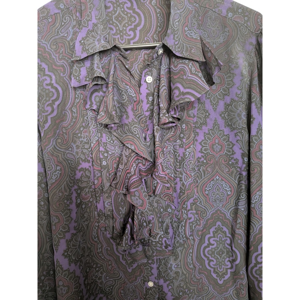 Lauren Ralph Lauren Purple Black Paisley 100% Silk Ruffle Front Blouse Large - Picture 7 of 9